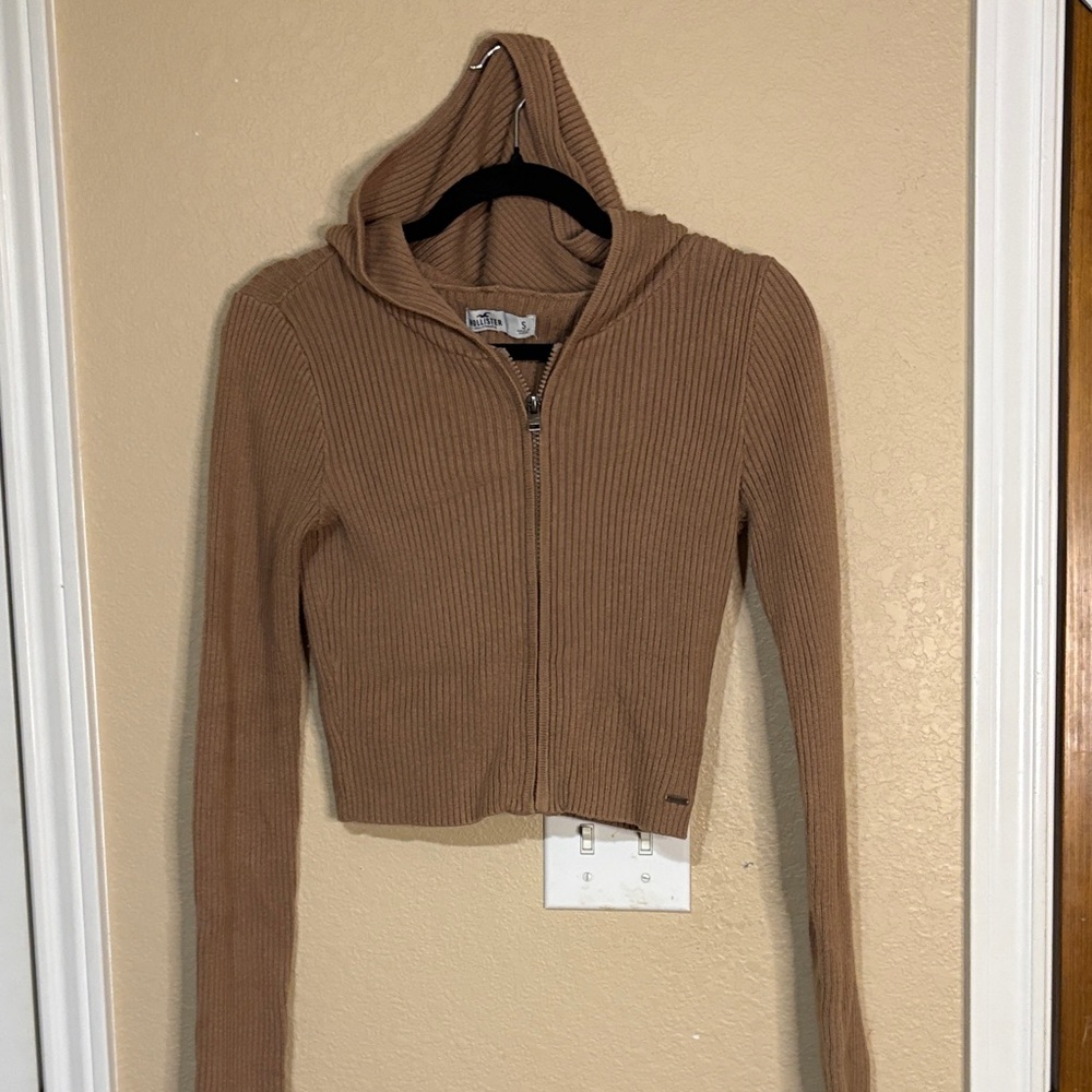 Hollister Tan Ribbed Zip-Up Hoodie